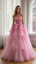Ethereal Pink Tulle Ball Gown Front View