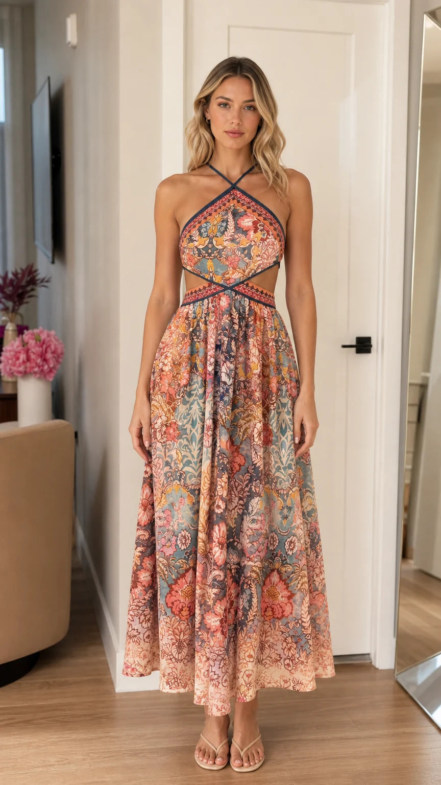 Front view of the boho halter neck cutout print maxi dress in multi