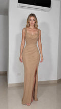 Model wearing Champagne pearl ruched maxi dress front view