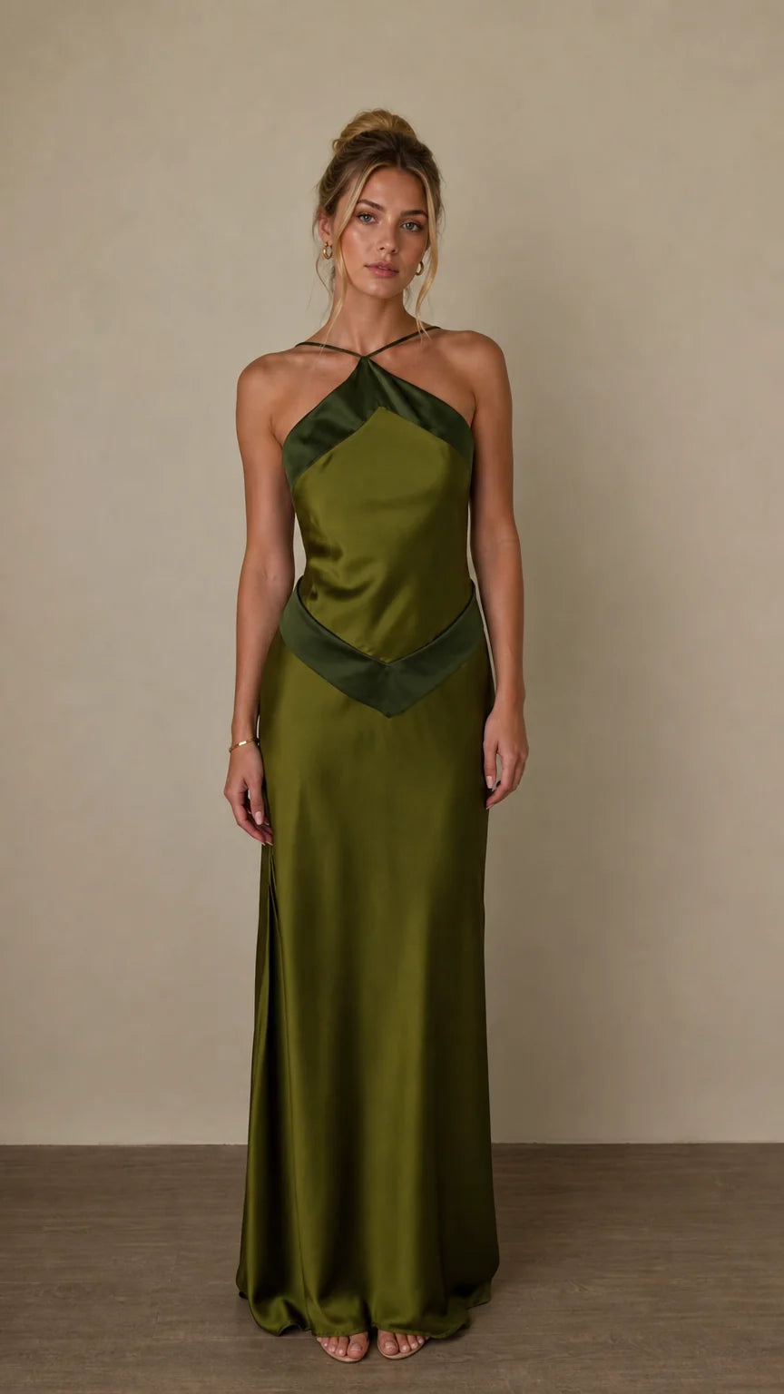 Front view of olive satin halter maxi dress on model