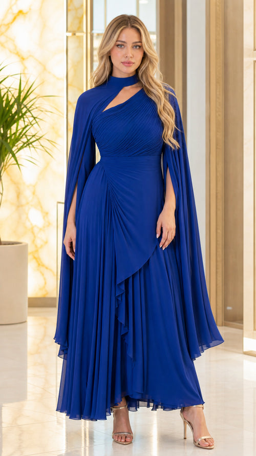 Front view of royal blue asymmetric cutout pleated cape sleeve maxi gown