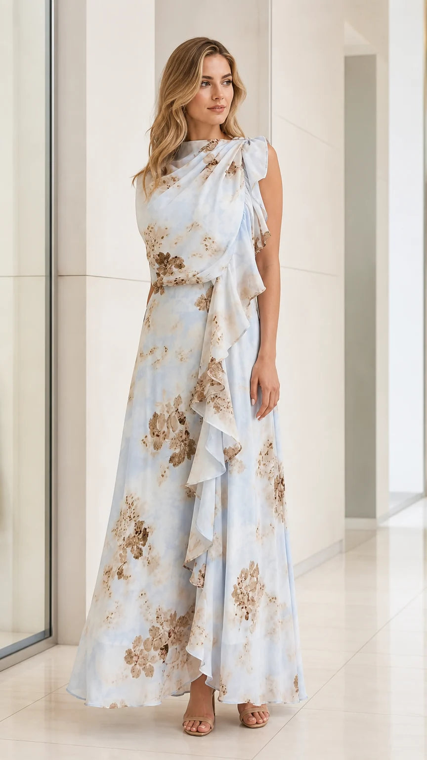 Front view of model wearing Light Blue floral ruffled maxi dress
