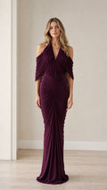 Front view of the plum ruched off-shoulder halter maxi dress