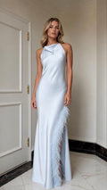 Light blue satin halter maxi dress front view with feather trim