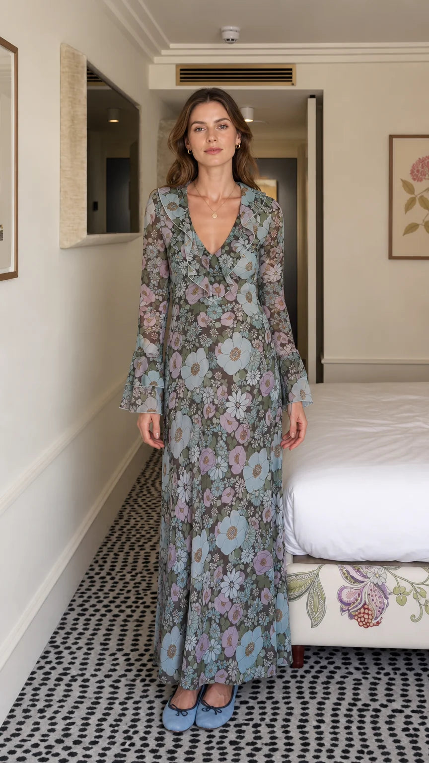 Front view of model wearing blue floral maxi dress