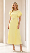 Front view of yellow lace-trimmed midi dress with belt