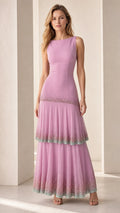 Full-length view of model wearing the lavender sequin-trimmed tiered maxi dress