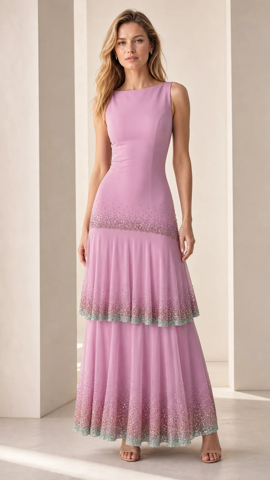 Full-length view of model wearing the lavender sequin-trimmed tiered maxi dress