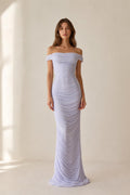 Front view of model wearing lavender off-the-shoulder ruched evening dress