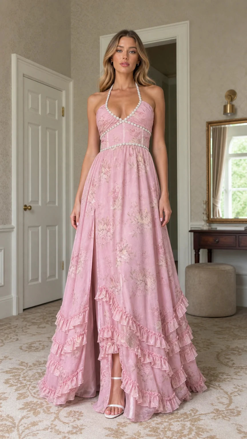 Front view of model wearing pink floral pearl-trimmed halter maxi dress with high slit