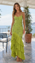 Model wearing lime green sequined ruffle maxi dress from the front