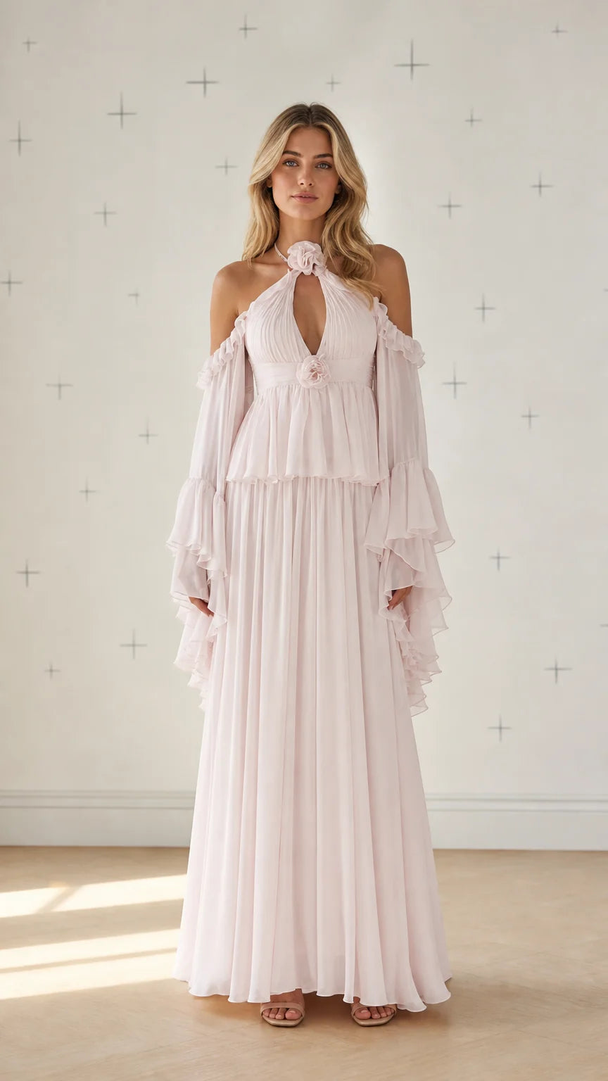 Front view of model wearing pink pleated cold-shoulder maxi dress