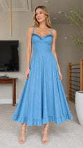 Women's Light Blue Denim Midi Dress Front View