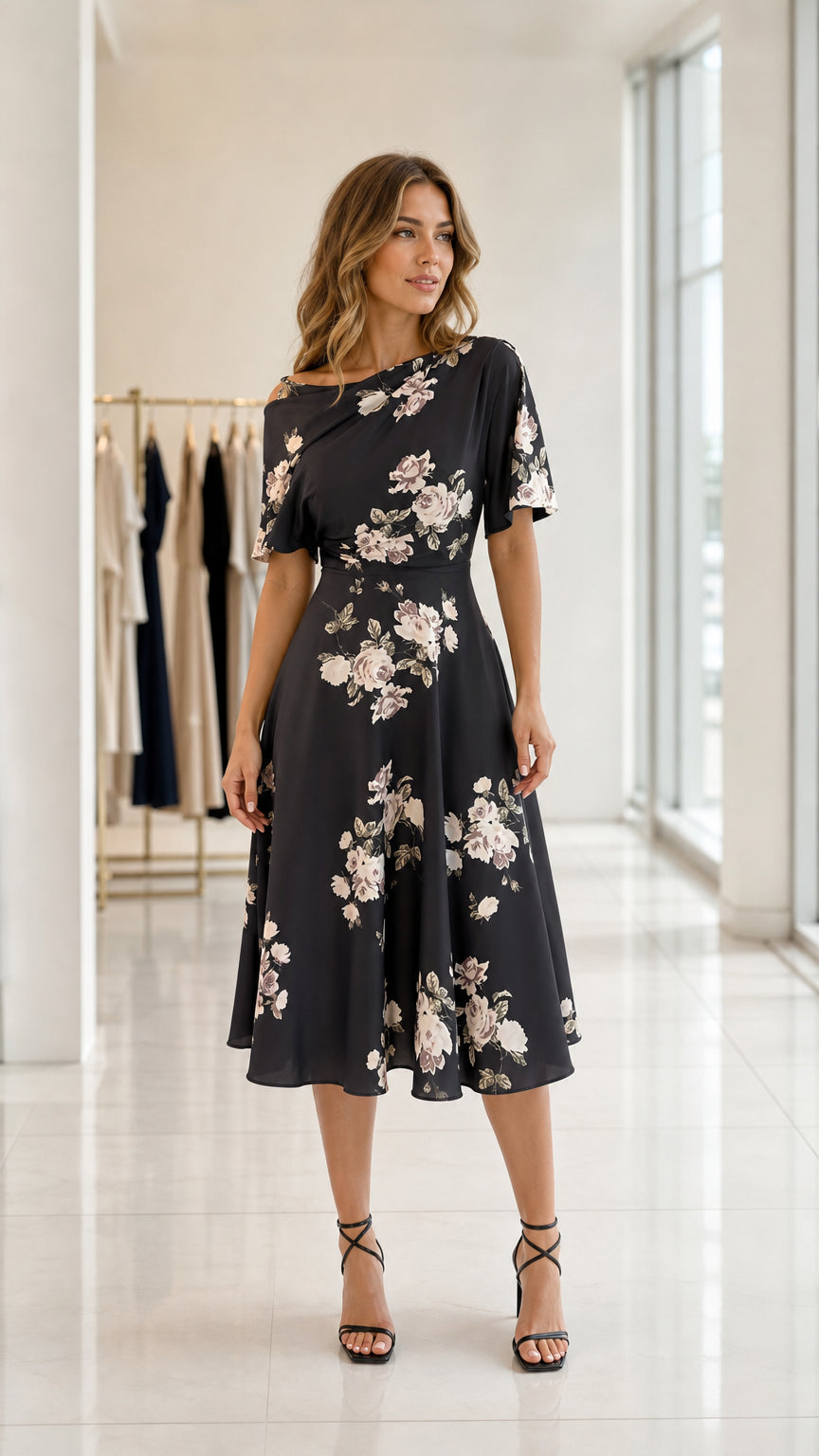 Front view of model wearing black floral asymmetrical neckline midi dress
