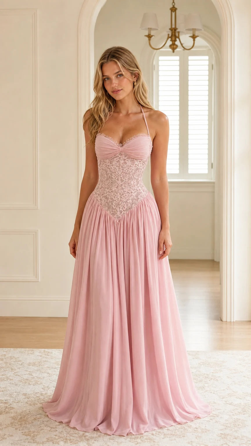 Front view of model wearing pink halter lace bodice chiffon evening gown