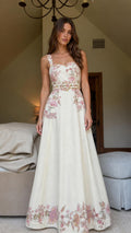 Front view of cream floral embroidered sleeveless maxi dress