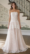 Front view of champagne strapless lace evening gown