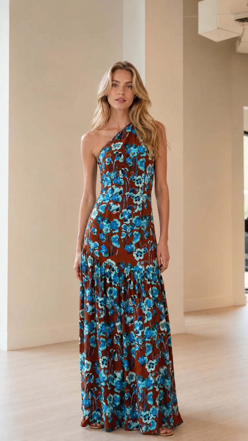 Front view of model wearing rust floral one-shoulder maxi dress