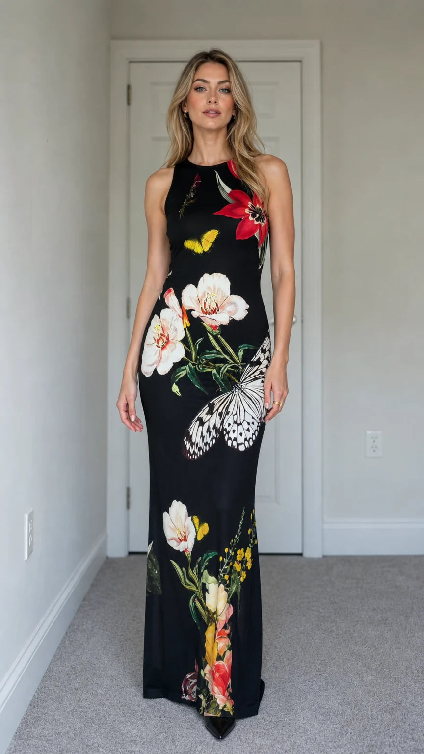 Model wearing black floral butterfly print sleeveless maxi dress from the front