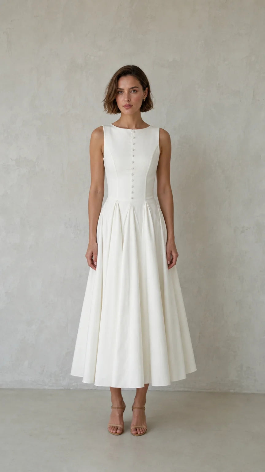 Front view of woman wearing white sleeveless pleated midi dress