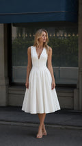 Front full view of the white V-neck midi dress
