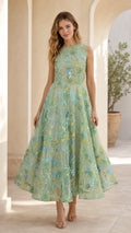 Sage green floral embroidered midi dress front view