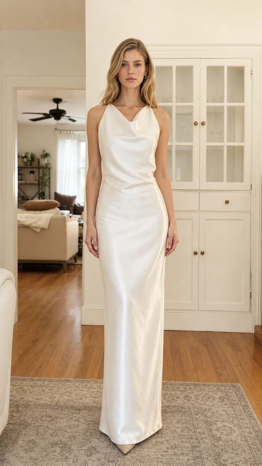 Front view of model wearing white satin cowl neck maxi dress