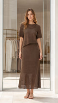 Women's brown pointelle knit two-piece set with short sleeve top and maxi skirt front view