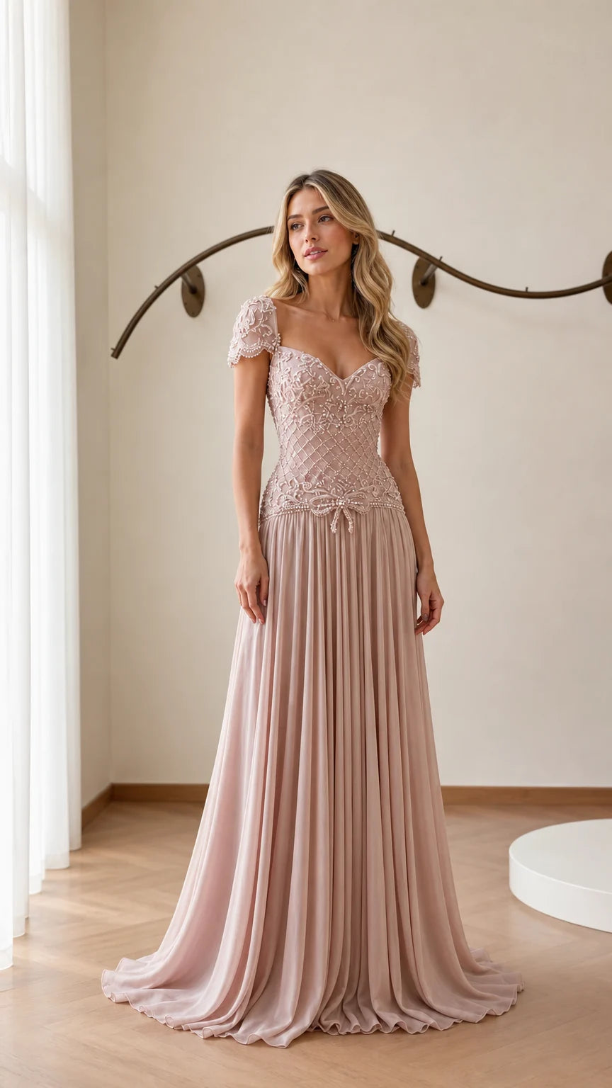 Front view of model wearing blush pink beaded chiffon evening gown