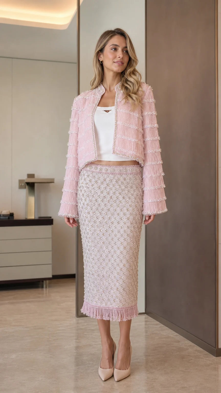 Model wearing pink tweed crop jacket and midi skirt set front view