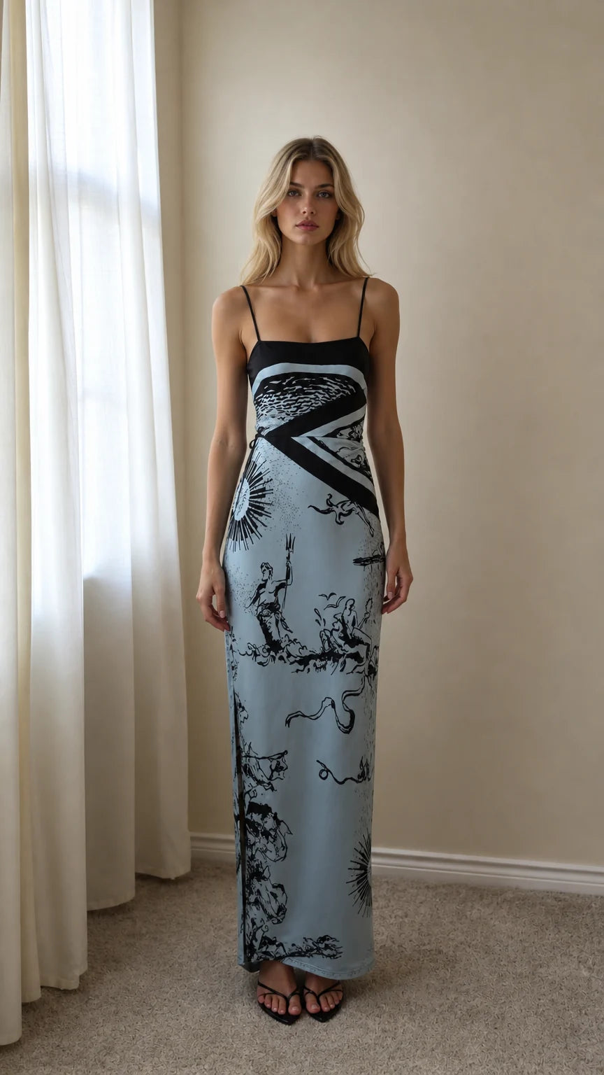 Front view of Light Blue graphic print maxi slip dress