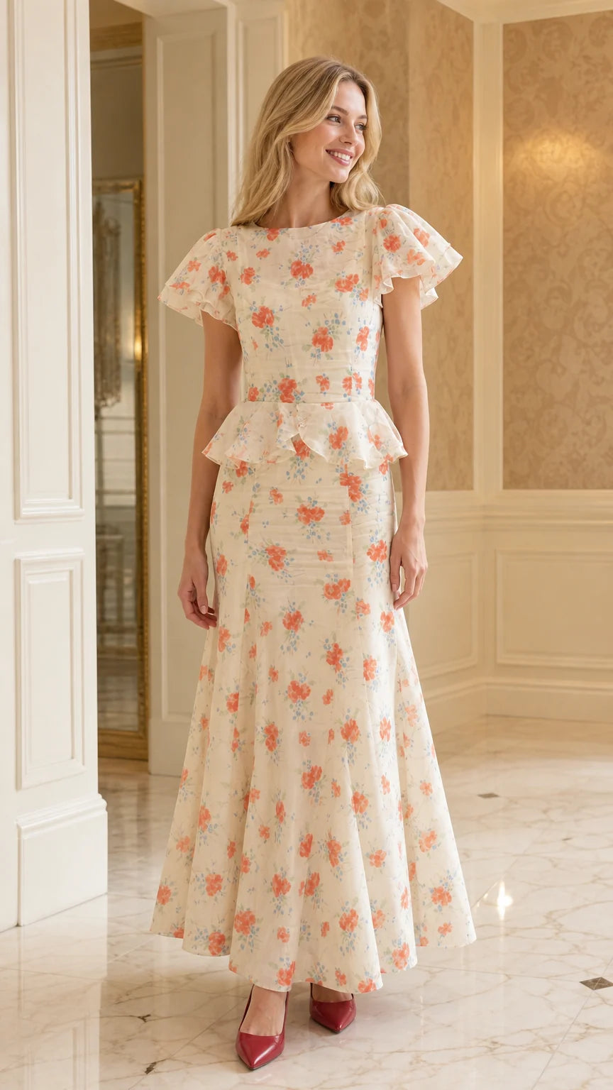 Front view of cream floral print ruffle sleeve peplum maxi dress
