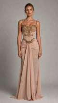 Front view of nude embellished corset evening gown