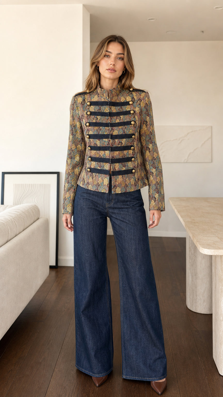 Front view of model wearing Bronze Multi jacquard military band jacket with wide-leg jeans