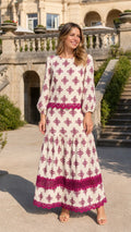 Front view of ivory floral embroidered long sleeve maxi dress