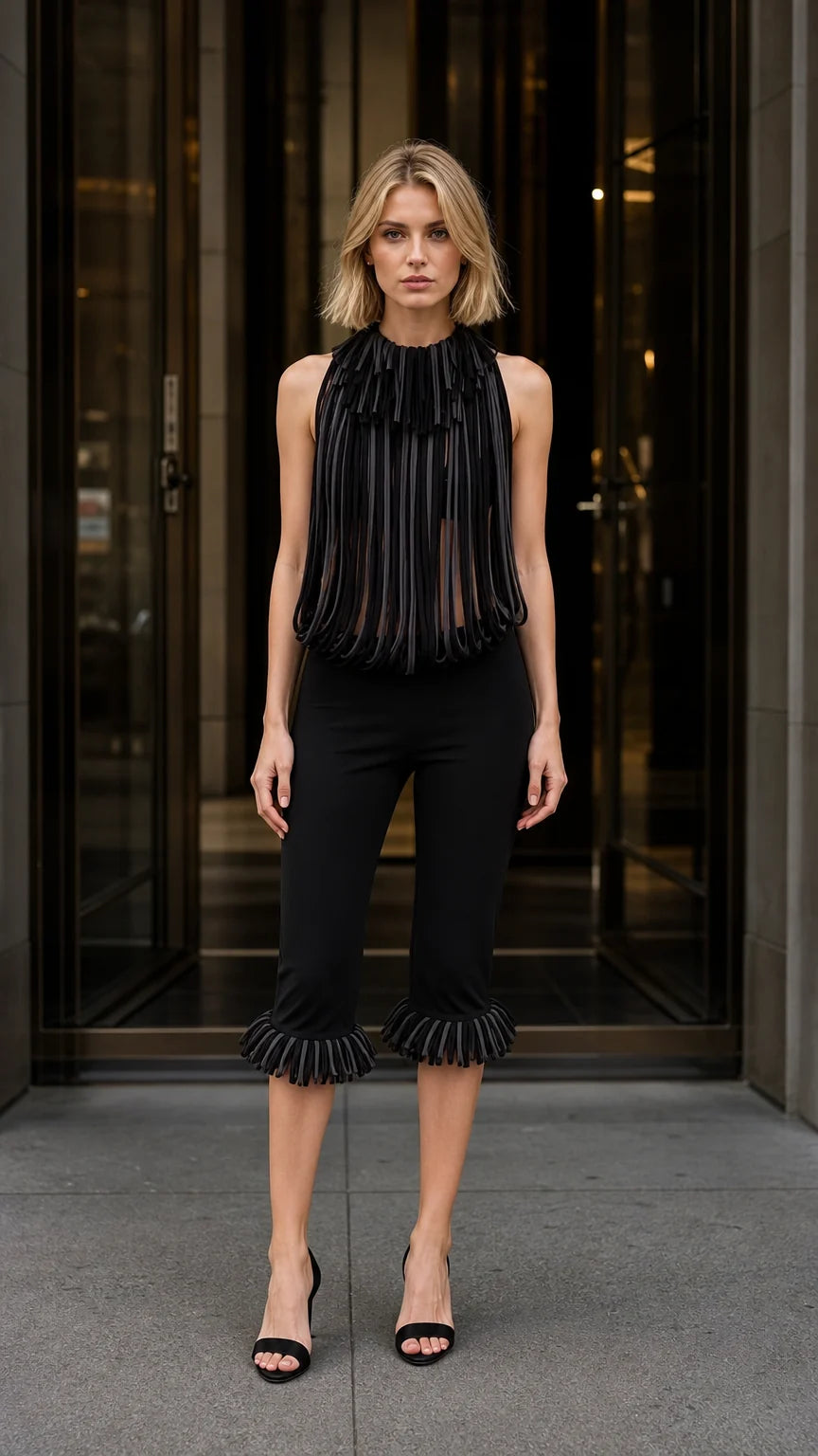 Front view of black avant-garde pleated fringe halter top and cropped pants set