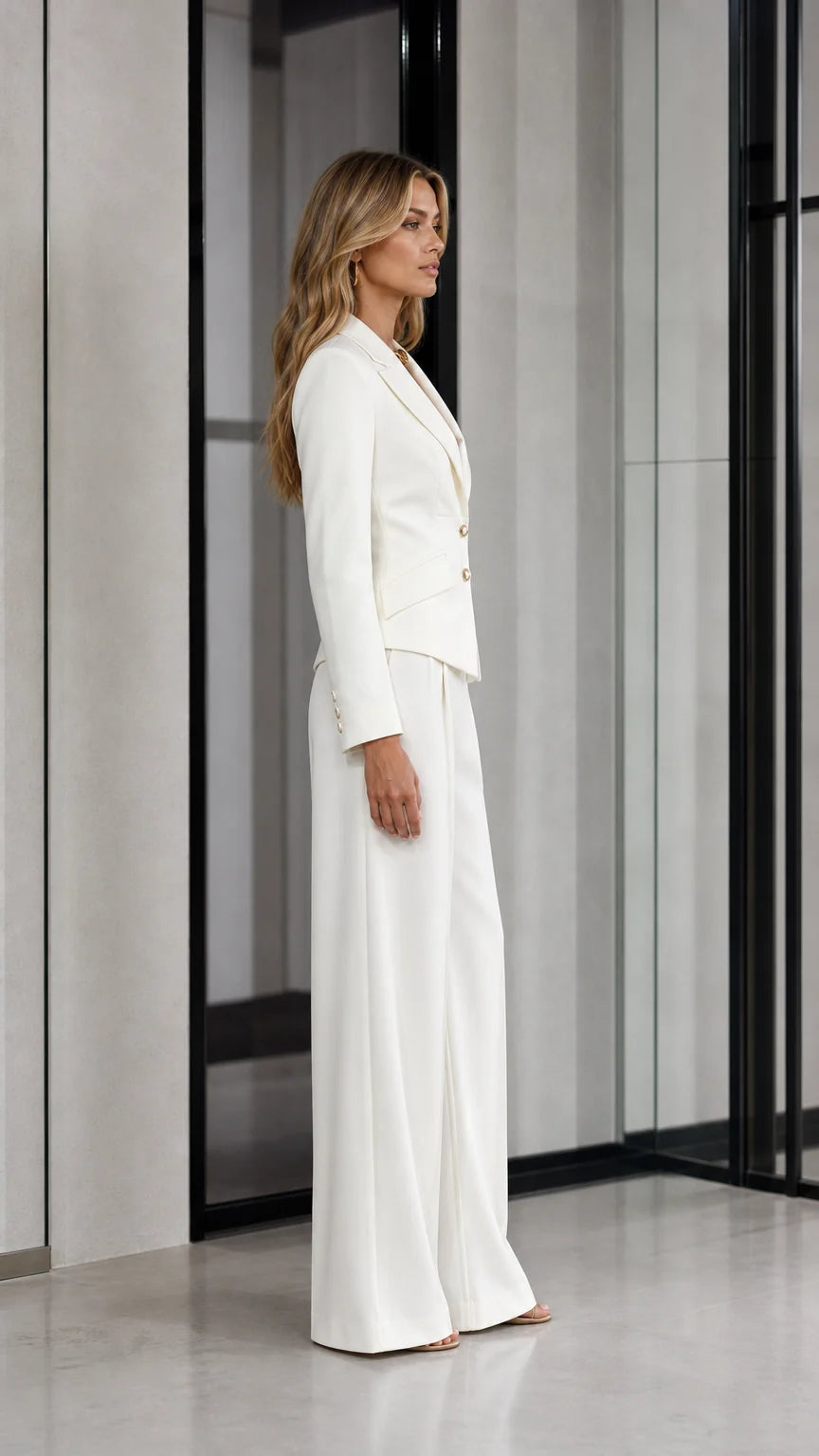 Side profile of woman in white pant suit showing structured blazer and high-waist trousers