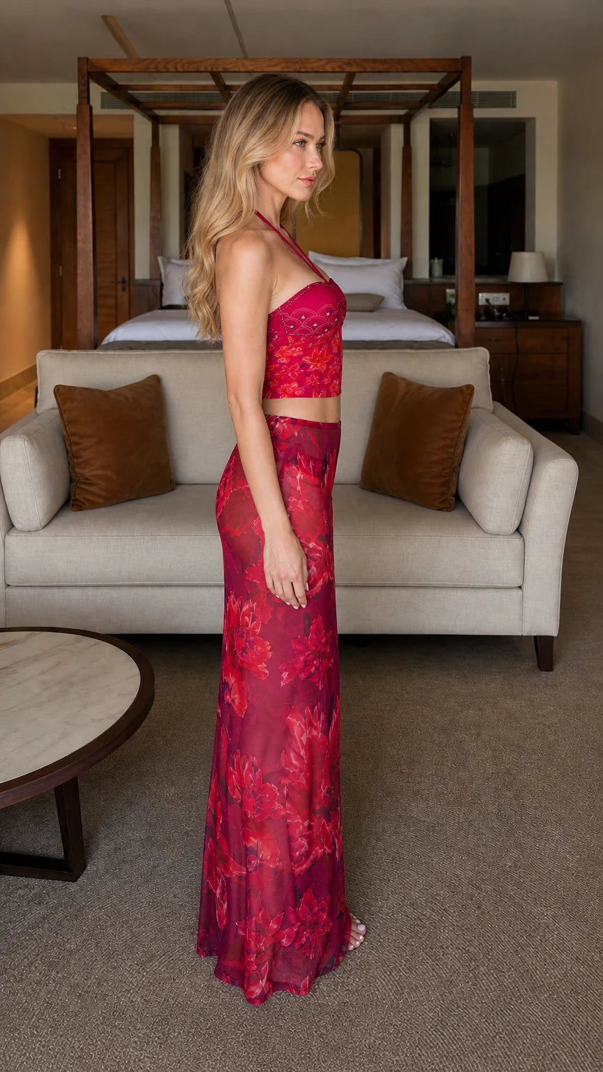 Side view of model in Fuchsia two-piece set