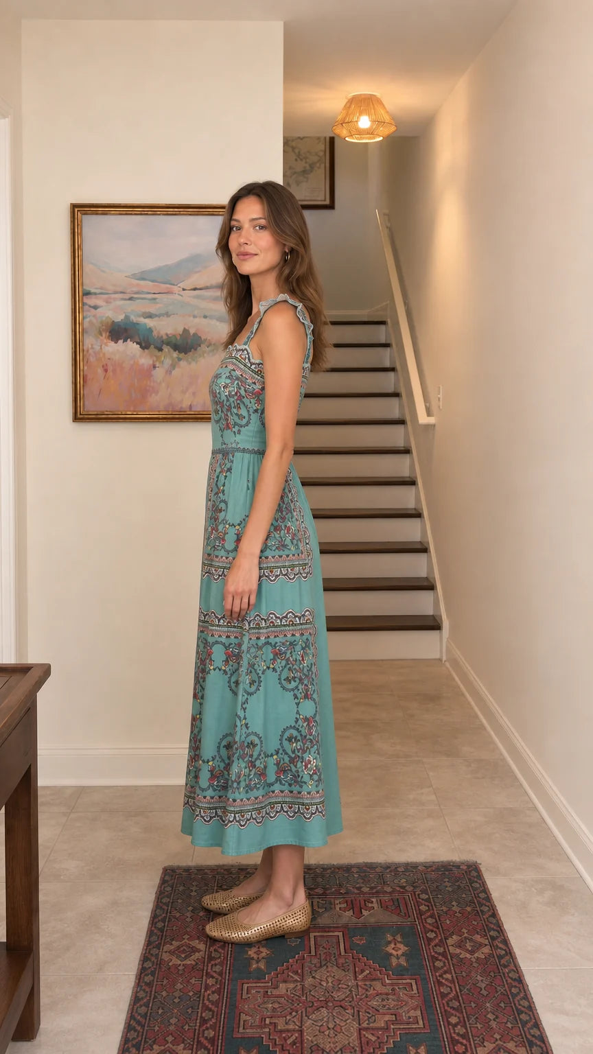 Side view of teal midi dress