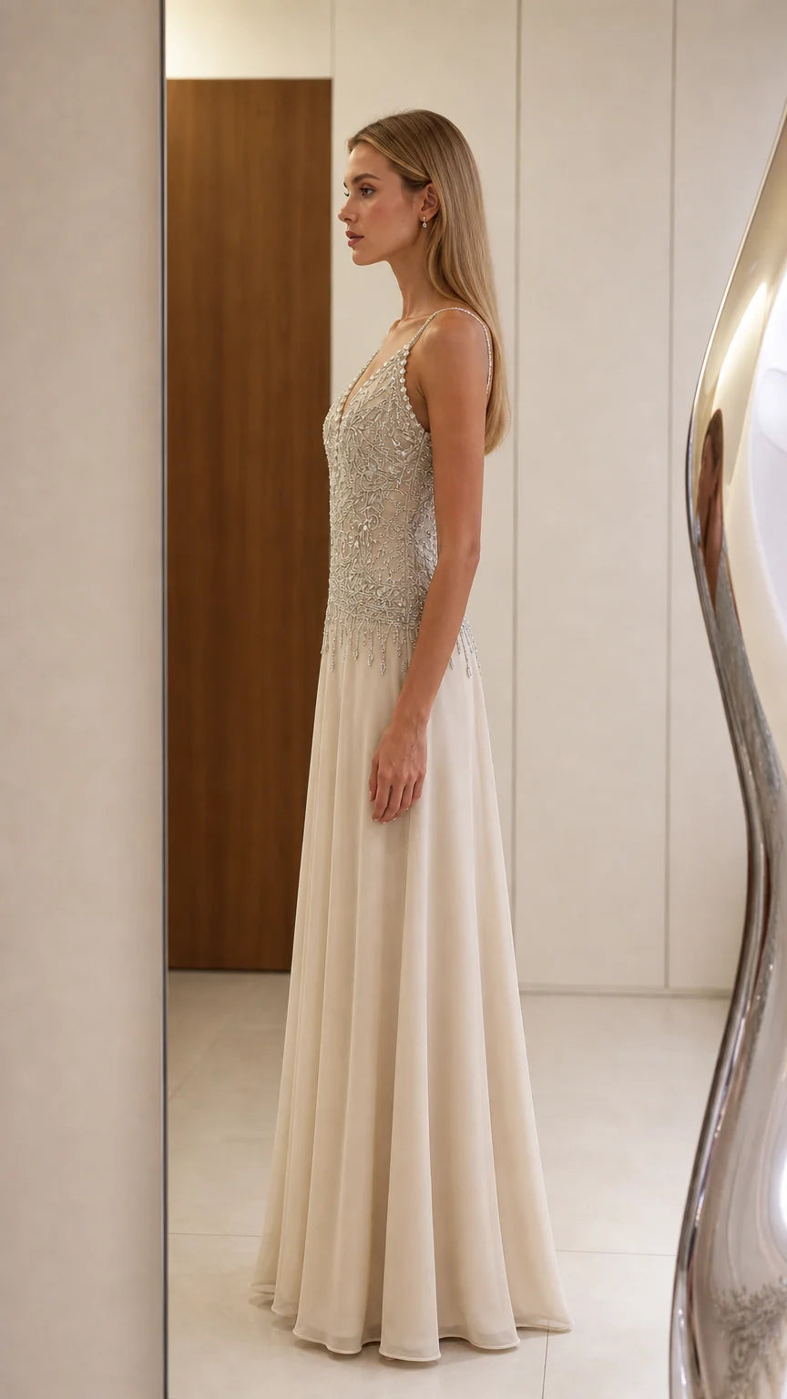 Side profile view of champagne evening gown