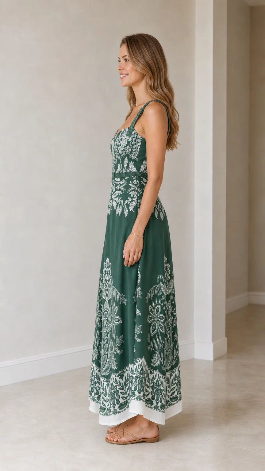 Model wearing green botanical print maxi dress from side