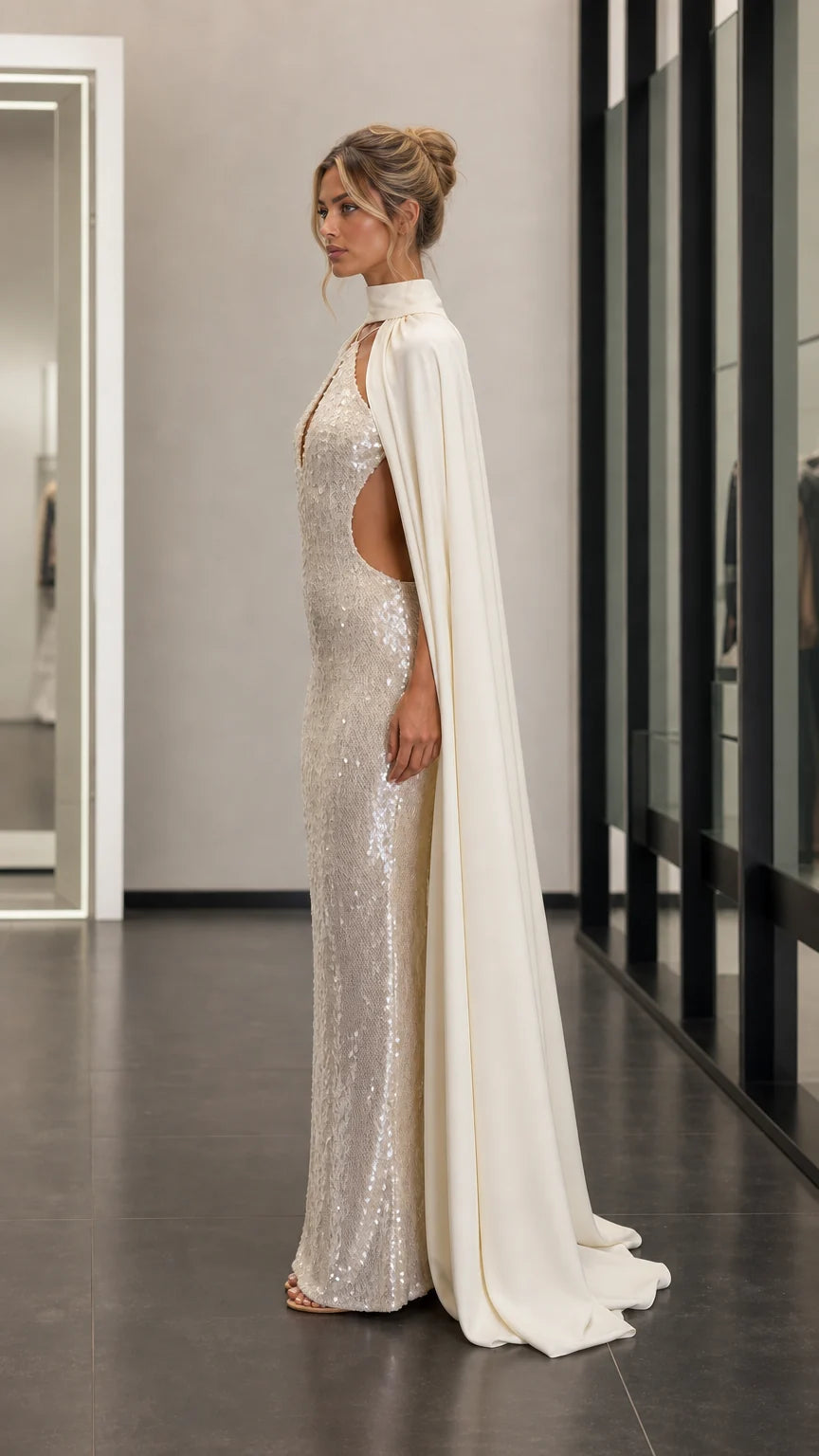 Side profile view of champagne sequin gown and cape
