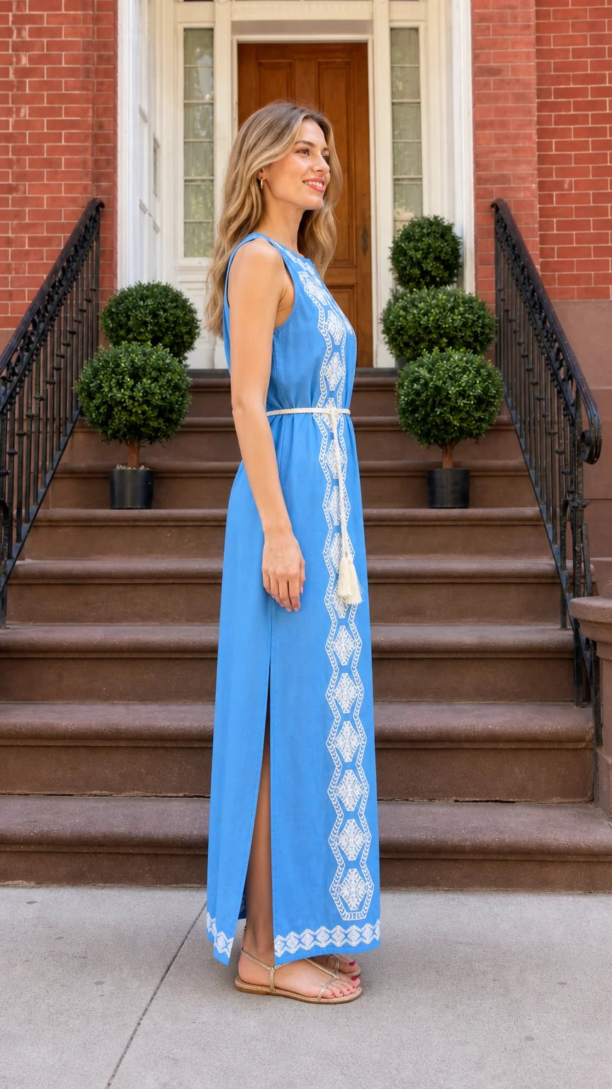 Side view of blue maxi dress showing side slit and relaxed fit