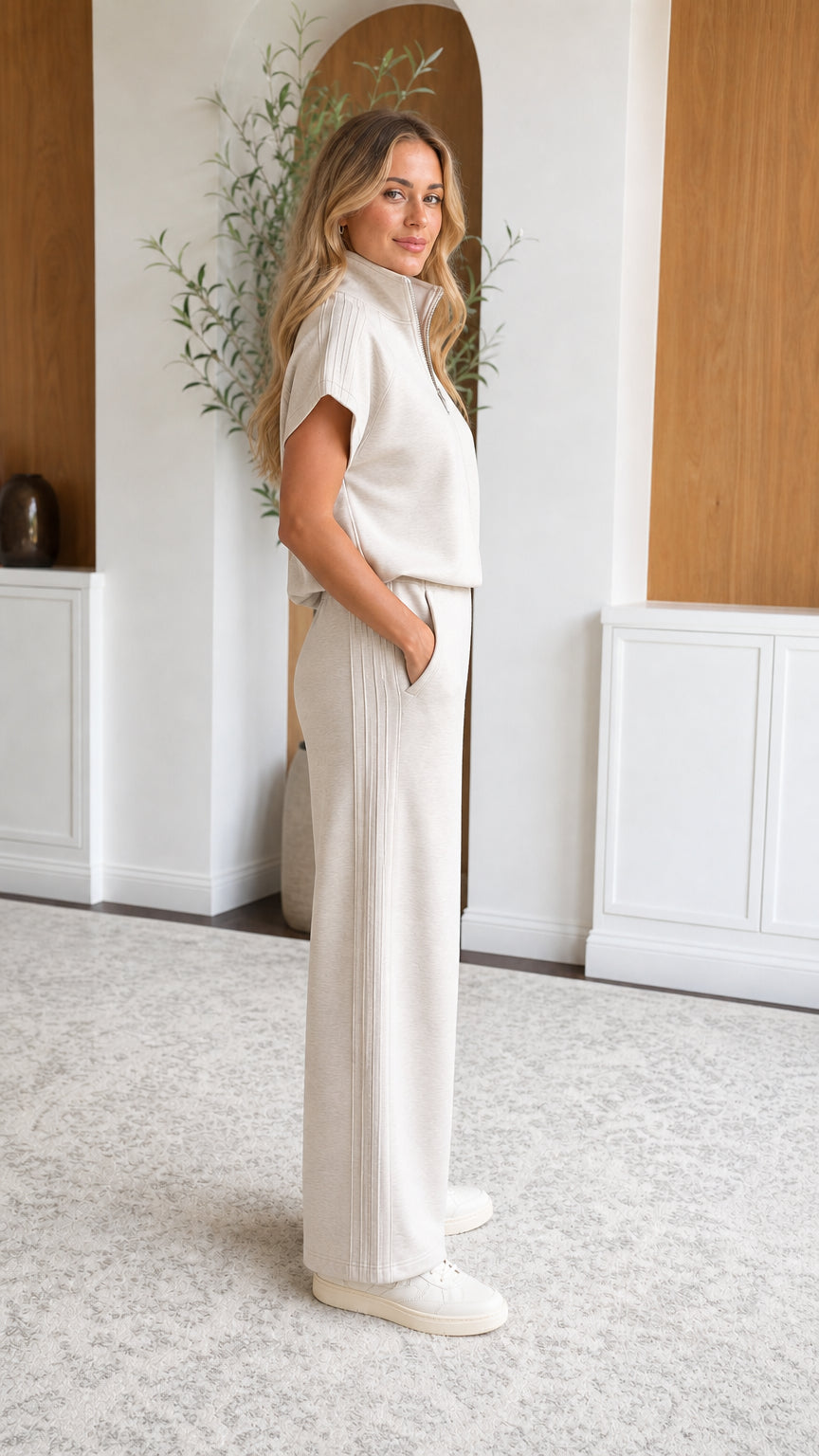 Side angle view of Oatmeal Beige two-piece matching lounge set