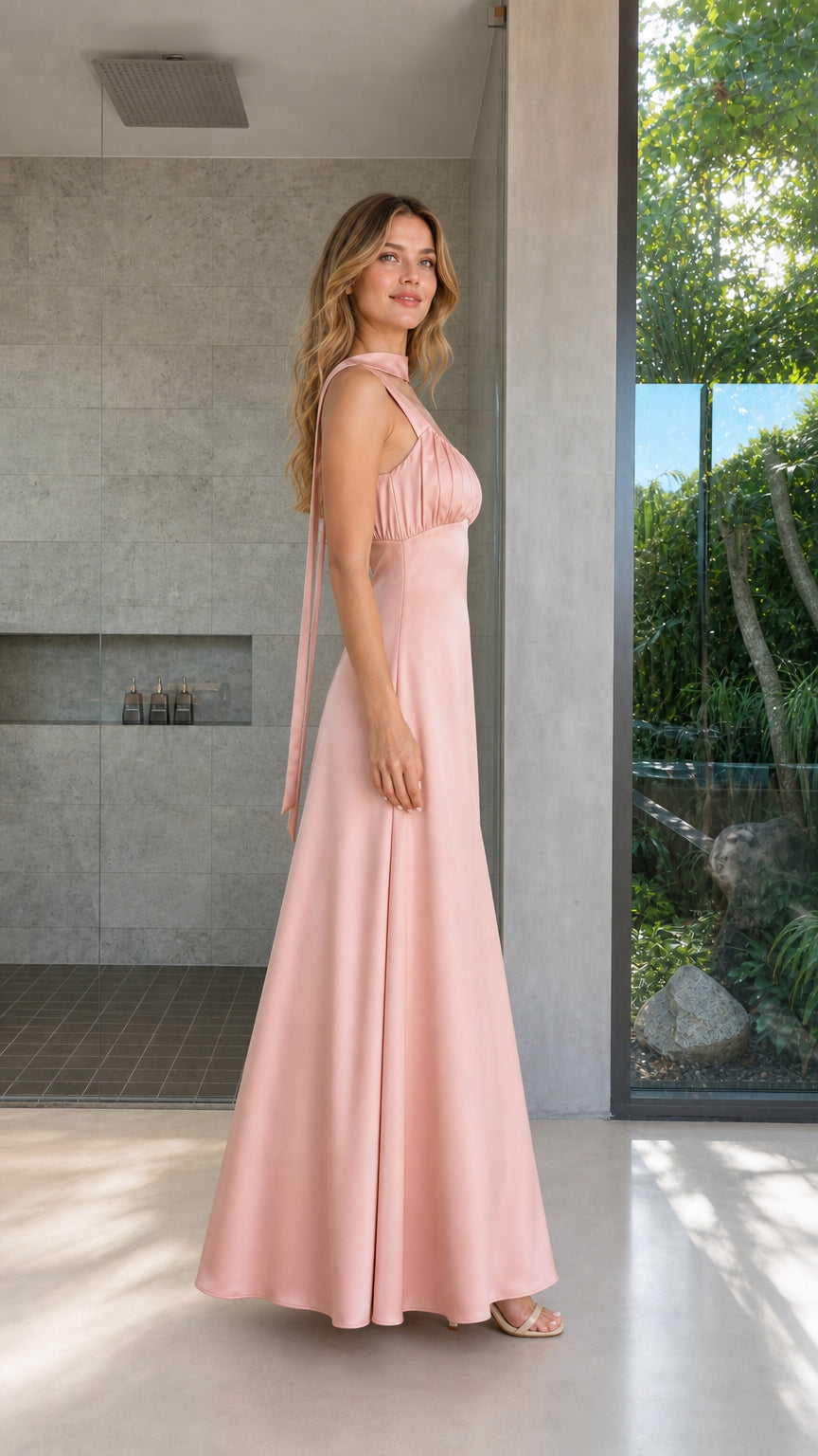 Model wearing Blush Pink satin maxi dress side angle view