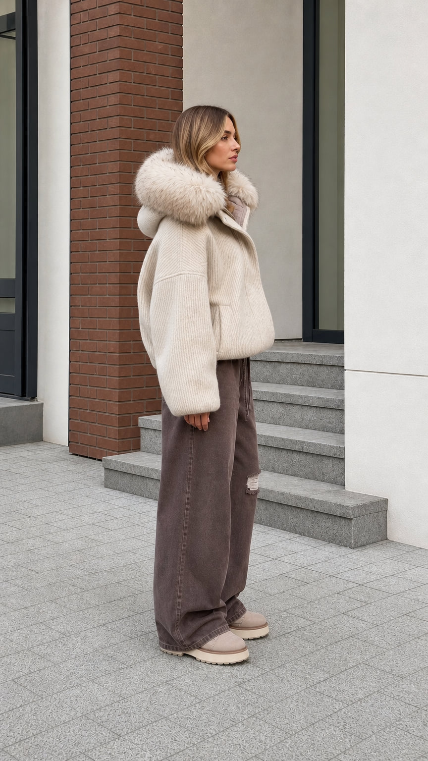 Side angle of model wearing cream hooded winter bomber coat with wide leg pants