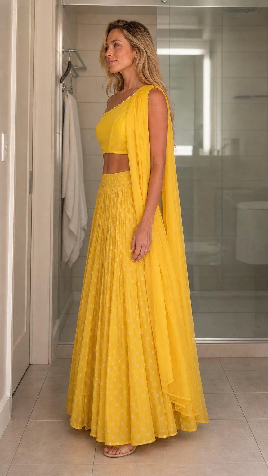 Side profile of model in yellow ethnic two-piece set