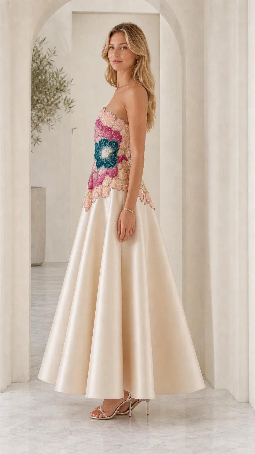 Side profile of model in champagne formal gown
