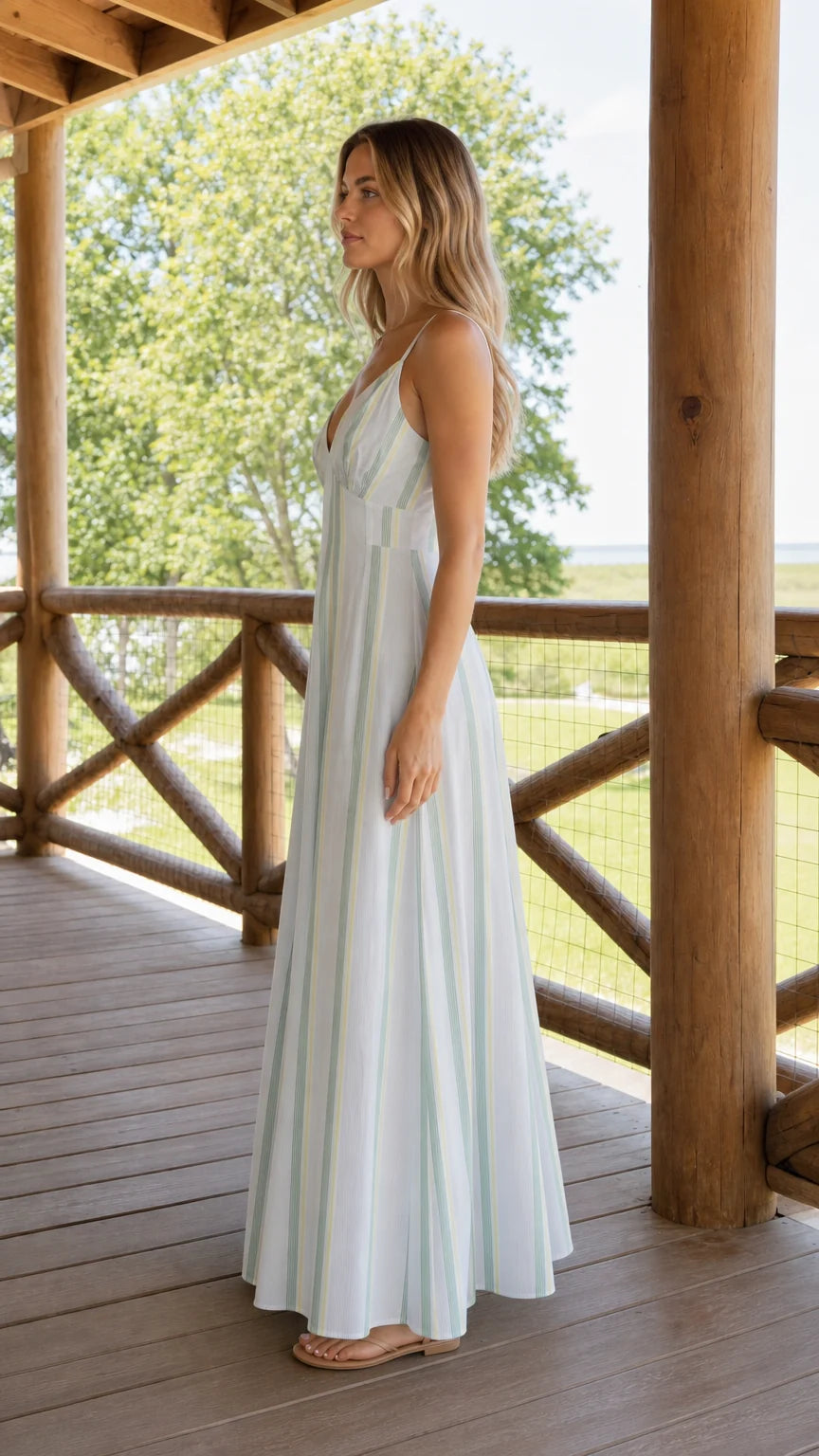Side profile view of woman wearing white striped maxi dress