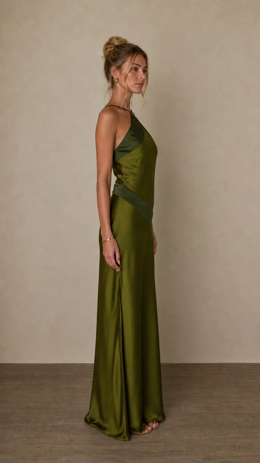 Side profile view of olive satin maxi dress